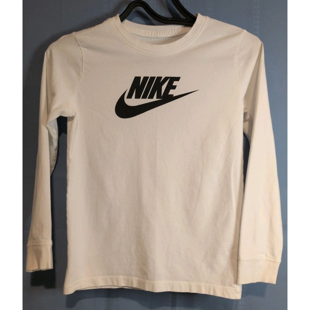 Nike Kids White Long-sleeves Shirt with Black Logo Size Medium 100% Cotton
